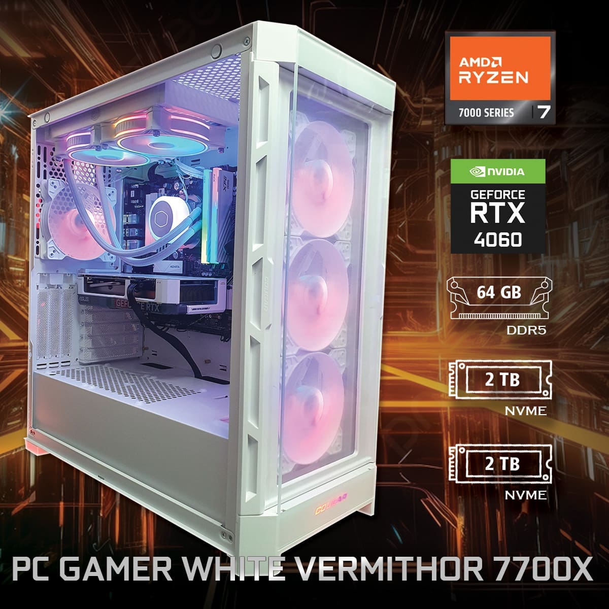 PC Gamer White Vermithor 7700X - ASSEMBLED PRO COMPUTER - Bulltech Store